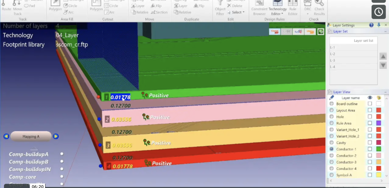 A detailed view of a PCB layer stack-up within a CAD software environment, highlight the complexity of PCB design and the precision required for successful implementation