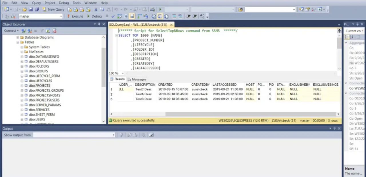 E3.series software displaying a SQL query result for project information reporting, with database tables and SQL command window showing project details for multi-user environment management.