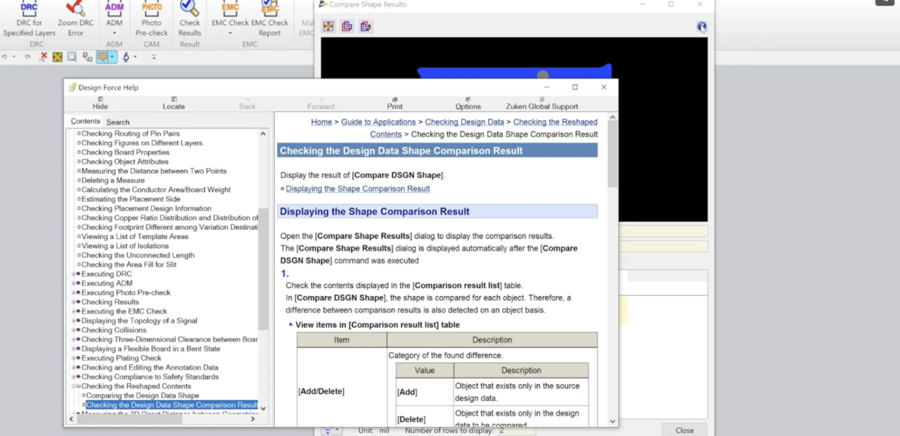 software help guide detailing the comparison of design data shapes within an ECAD tool, showcasing instructions and the user interface for the shape comparison feature