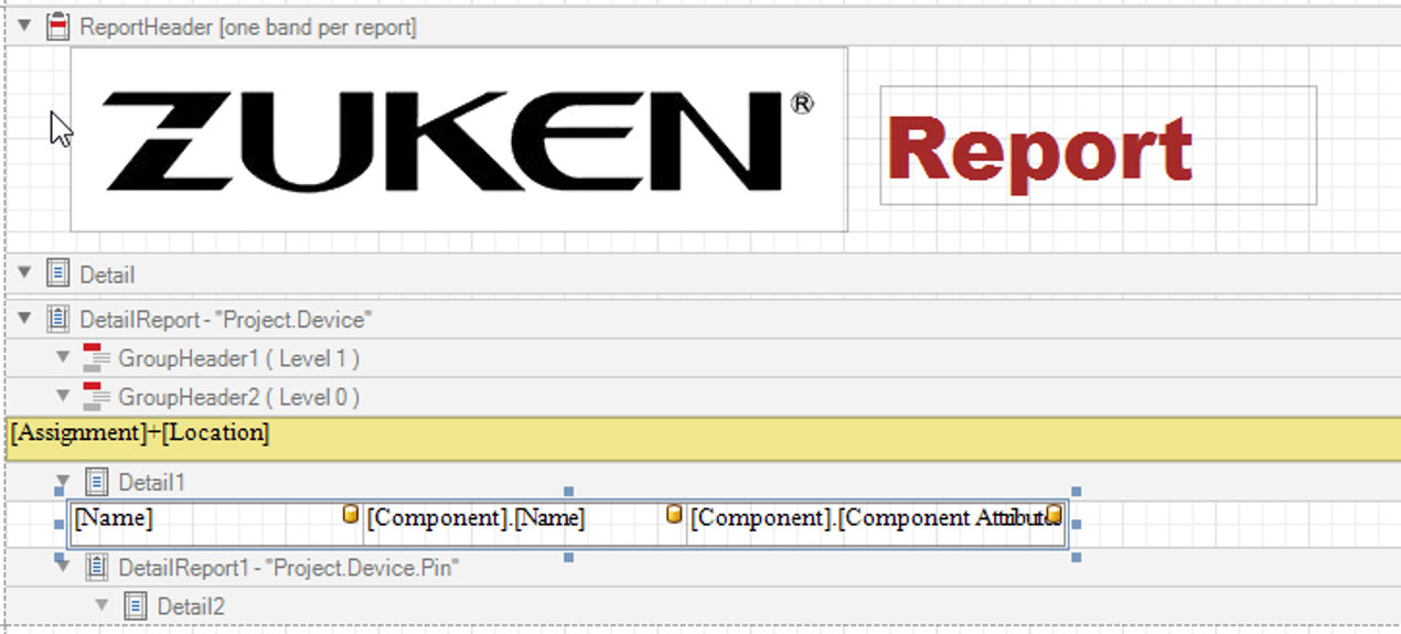 A screenshot of Zuken's E3.series software showing a detailed report generator interface with various fields and data organization for customized report creation in electrical engineering.