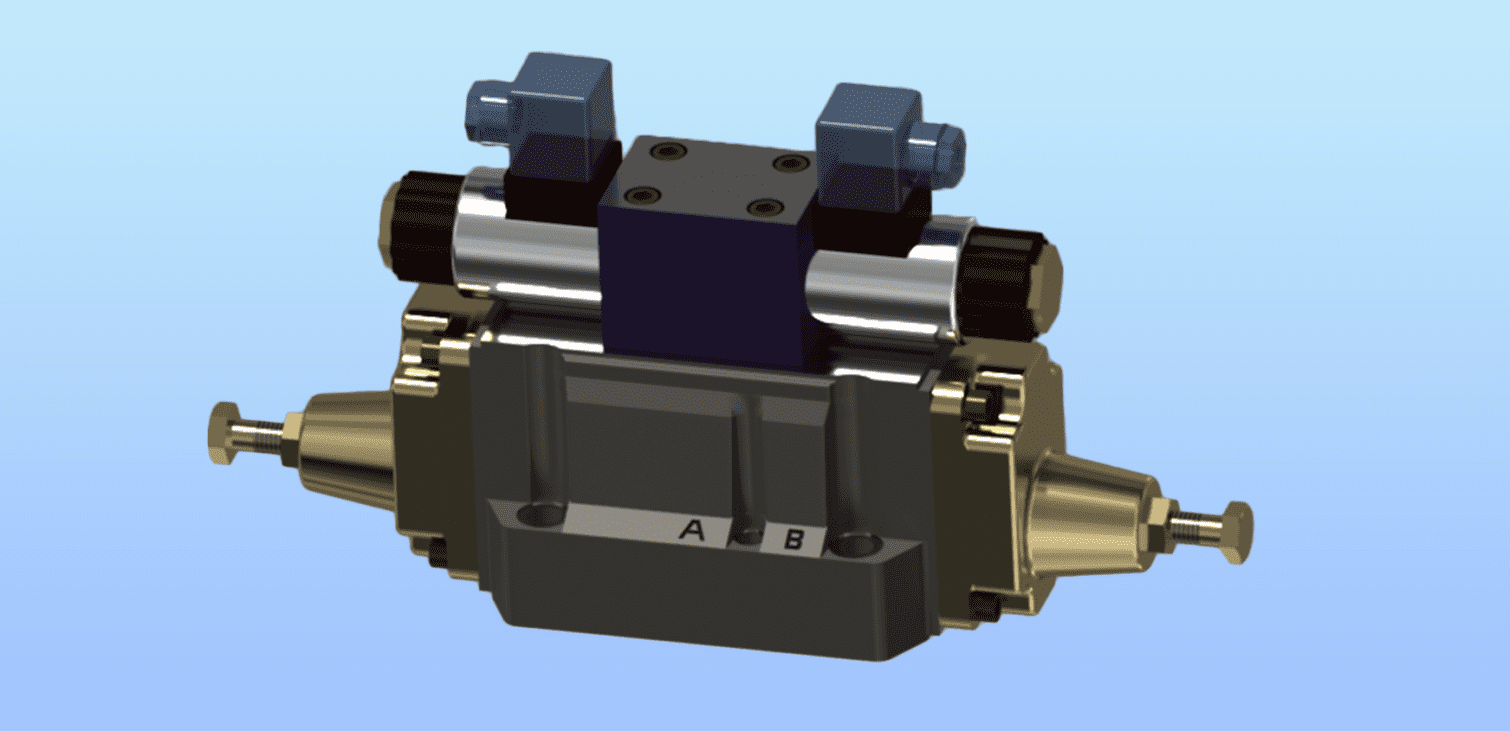 A 3D CAD rendering of a solenoid valve with multiple components, showcasing the intricate design process involved in electrical engineering and the efficiency improvements from automating such tasks