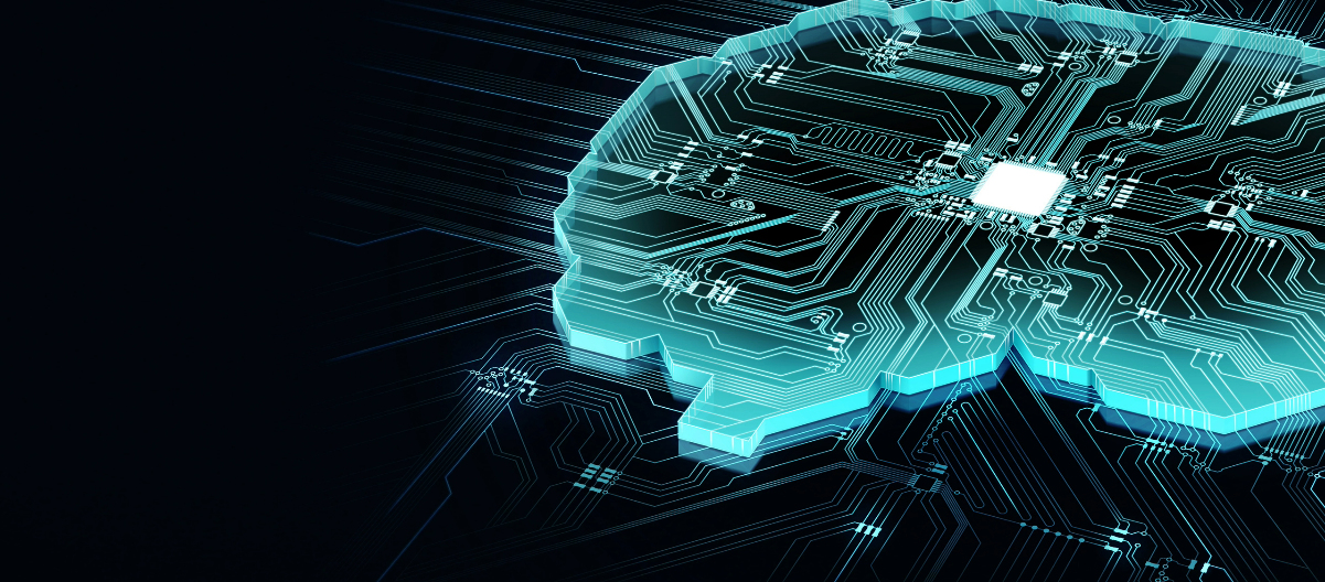 Abstract visualization of a brain-shaped printed circuit board, depicting the concept of artificial intelligence in PCB design