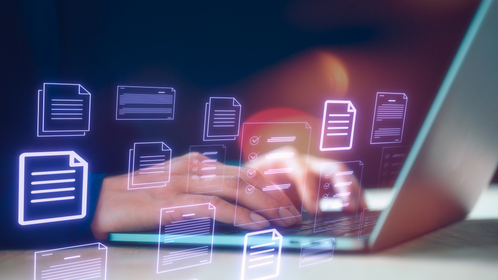 Typing with floating document icons, symbolizing how GENESYS updates system models and designs based on testing feedback, ensuring alignment with requirements.