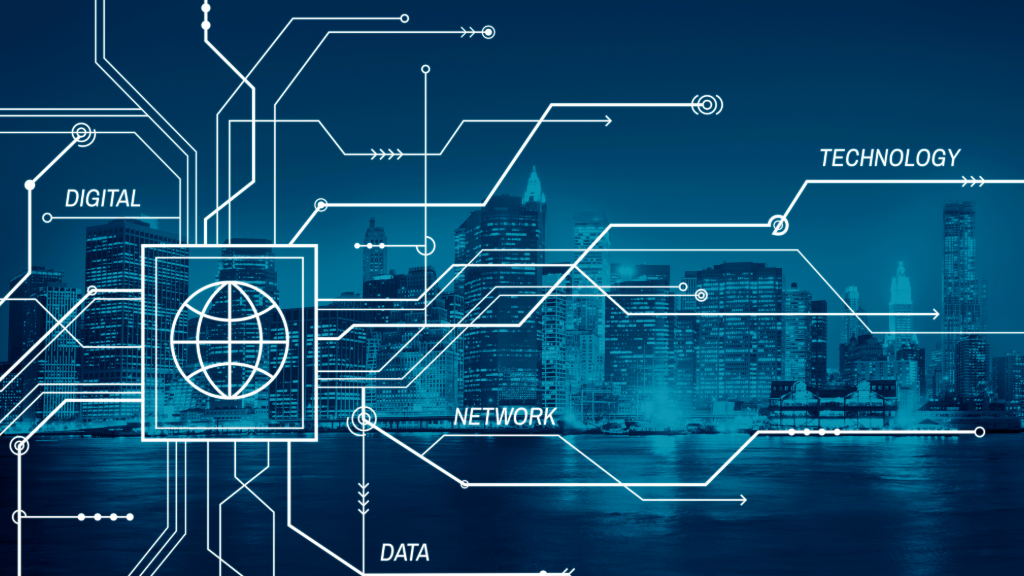 A digital network over a cityscape, representing how GENESYS aids engineers in creating adaptable architecture models for electrical and electronic systems.