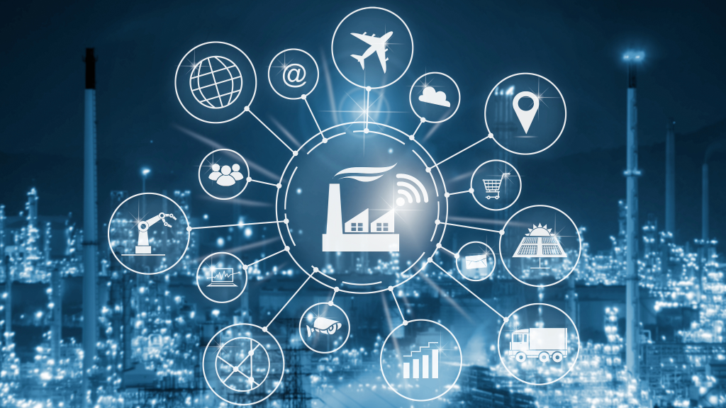 Illustration of interconnected icons representing diverse requirements management, with a factory at the center, highlighting GENESYS MBSE software from Zuken's ability to harmonize complex requirements using advanced libraries, ensuring compliance and customer satisfaction throughout the product development cycle.