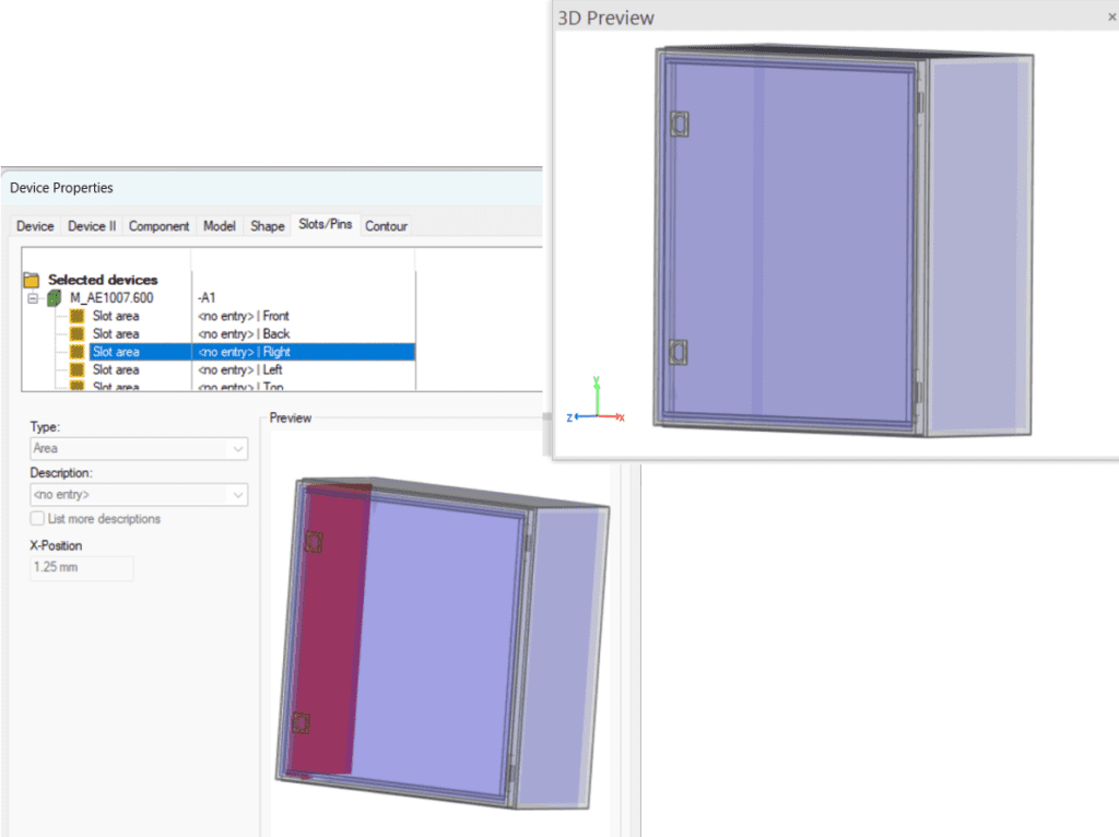 Device Properties and 3D Preview interface in Zuken E3.series showcasing the enhanced transparent 3D mounting slot visualization in E3.panel.