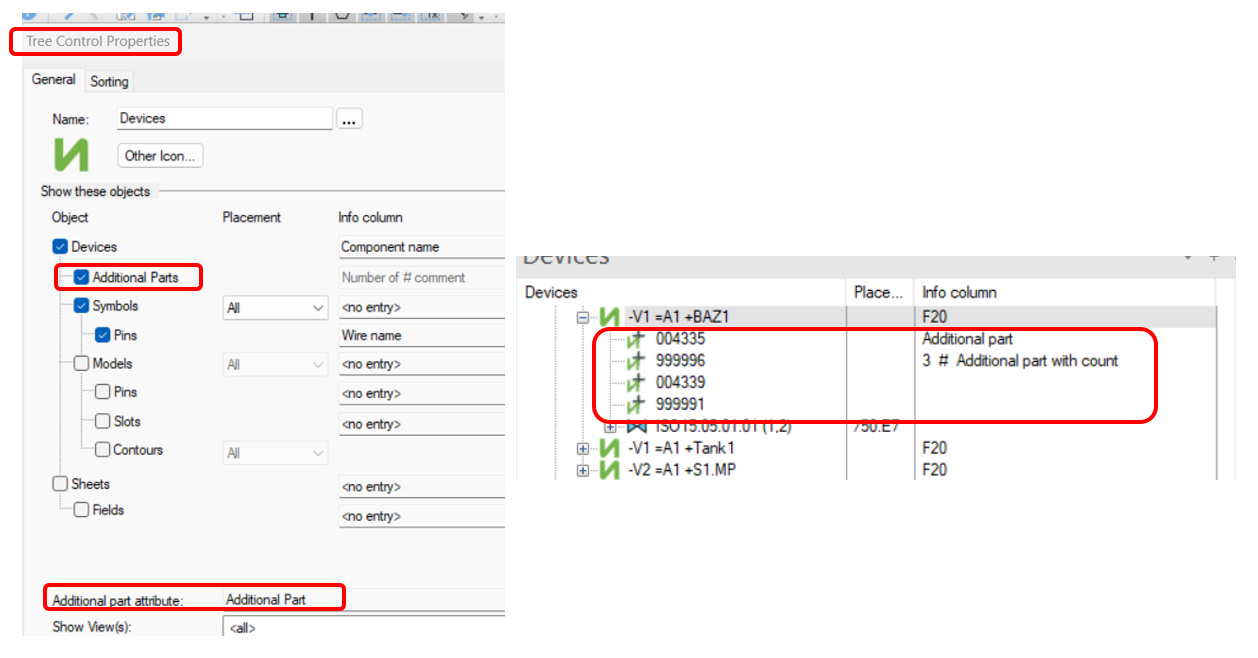 Tree Control Properties interface in Zuken E3.series demonstrating the new feature for displaying additional parts in the Device Tree. This feature allows users to define an attribute for additional parts, which are then visible under the respective device, marked with a plus sign icon.