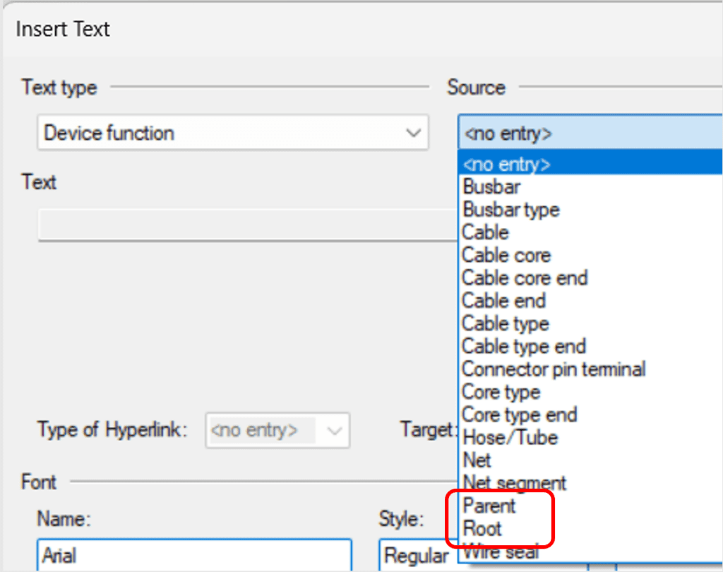 Insert Text interface in Zuken E3.series showing the options for selecting source attributes, including the newly added 'Parent' and 'Root' options.