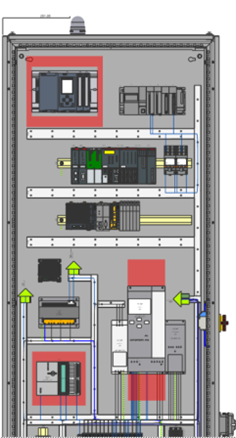 Enhanced 2D representation in Zuken E3.series showing a panel layout that accurately reflects the 3D view. This feature provides a more realistic depiction of the design in 2D, resolving issues of element overlap and visibility, which are common in traditional 2D views.