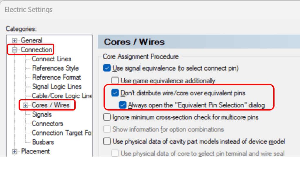 Electric Settings interface in Zuken E3.series displaying the Cores/Wires settings under the Connection category, highlighting the new options for controlling equivalent pin assignments.