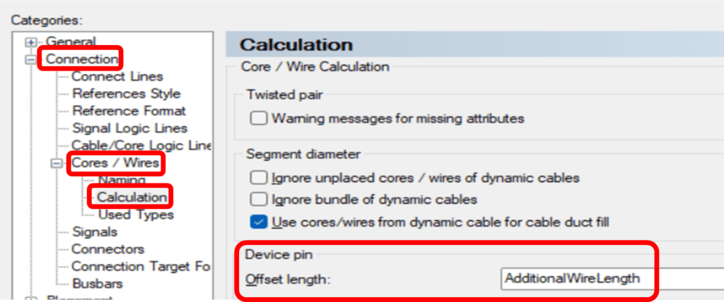 Calculation settings in Zuken E3.series highlighting the new feature for automatic internal wire length calculation within connectors in E3.formboard.