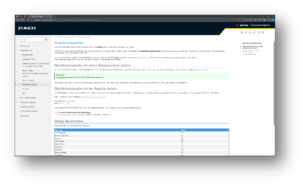 Screenshot of the new online help system for Zuken E3.series, showing documentation accessible via the Zuken website.