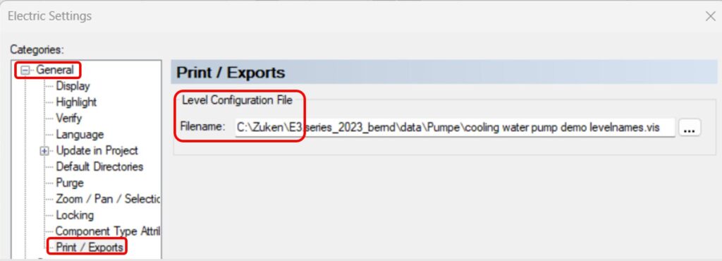 Electric Settings interface in Zuken E3.series showcasing the Print/Exports configuration for automatic level handling during PDF exports.