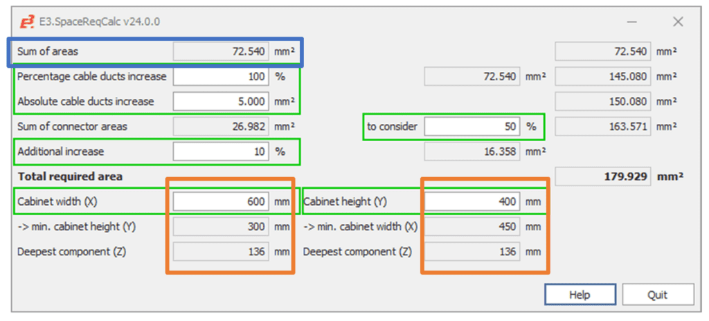 E3.SpaceReqCalc v24.0.0 interface in Zuken E3.series displaying the new Cabinet Space Requirement Calculation Tool. This tool helps users determine the necessary space for unplaced panel elements by automatically calculating space requirements while allowing adjustments for additional factors like cable ducts.