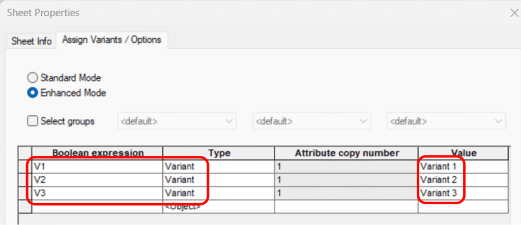 Sheet Properties interface in Zuken E3.series displaying the new feature for Dynamic Variant-Specific Sheet Texts under the Enhanced Mode. 