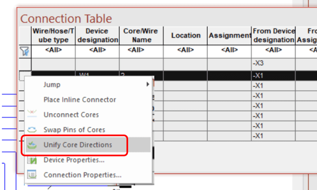 Connection Table interface in Zuken E3.series showcasing the new 'Unify Core Directions' feature, which ensures consistent 'from-to' information when laying new cores in a cable.