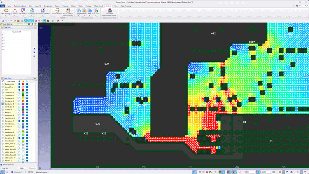 Power Integrity (PI) analysis using Zuken’s CR-8000 Design Force PI/EMI Advance, visualizing current flow and voltage drop across a PCB to identify areas of power instability and potential EMI issues in high-speed designs.