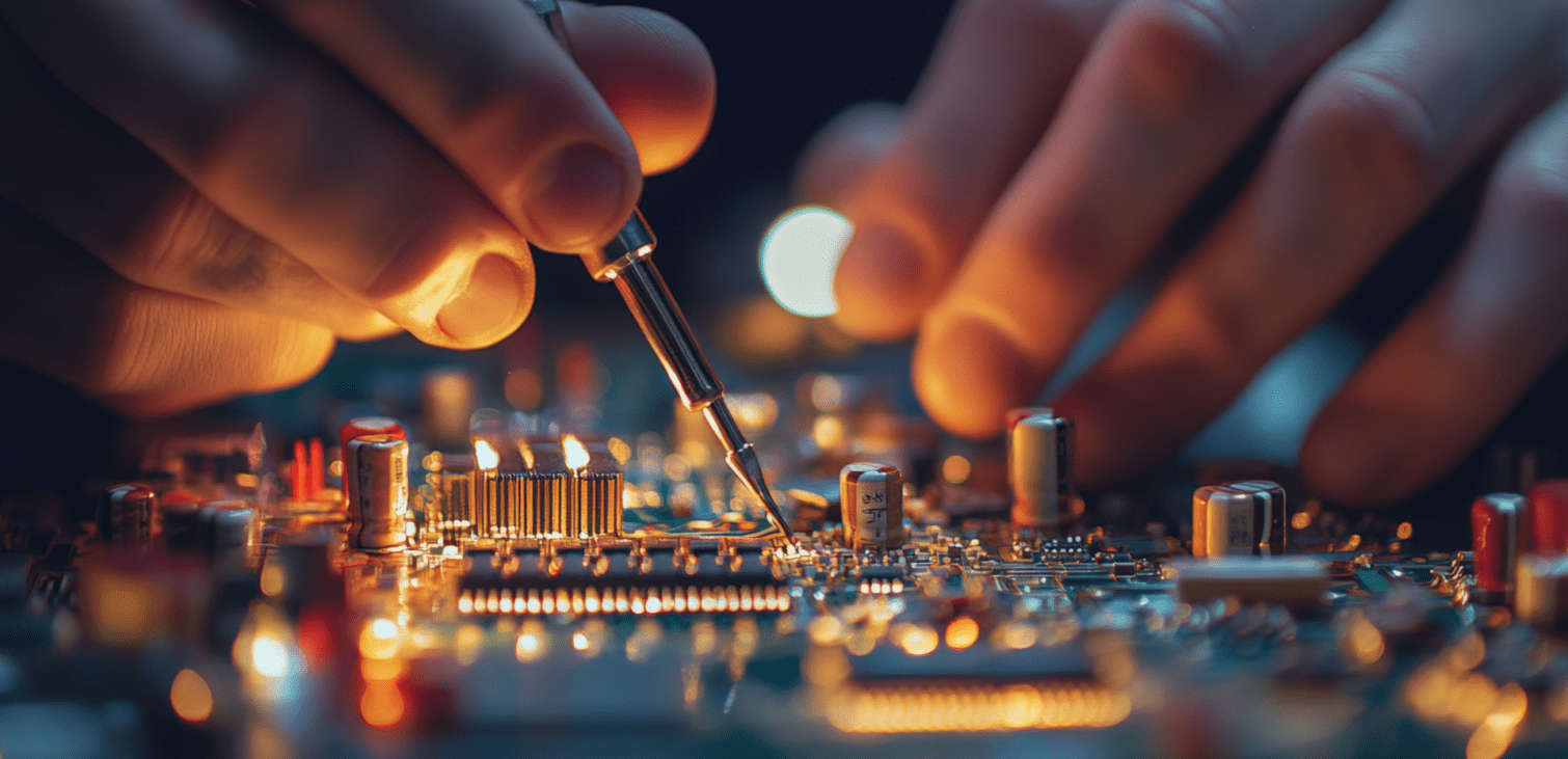 hands using a soldering tool on a PCB prototype, illustrating the integration of physical testing with pcb design software