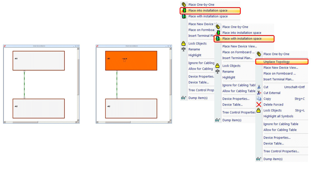 Installation spaces can be loaded and connected to open connections. Unplaced components can be placed either into an installation space or together with an installation space.