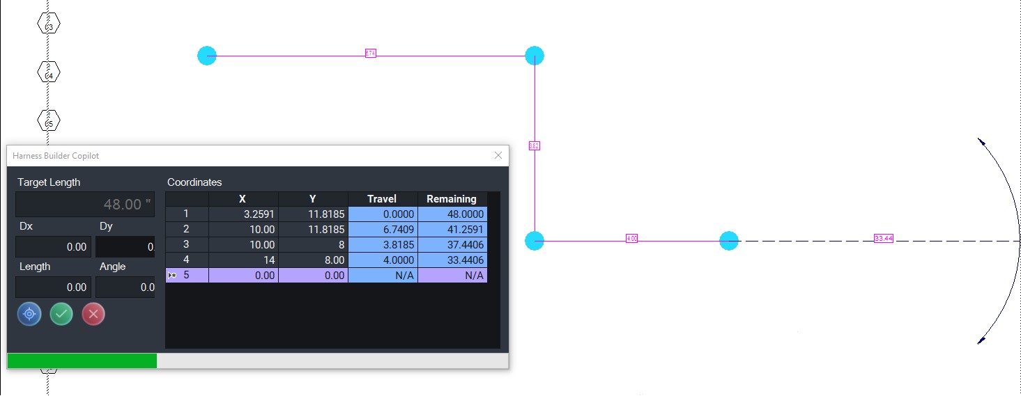 The enhanced formboard copilot helps designers draw their harness segments quickly and efficiently.