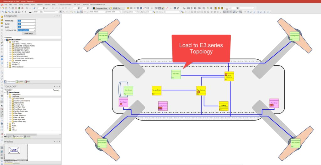 A drone model in Vitech GENSESYS loaded into E3.series Topology using the E3.GenesysConnector