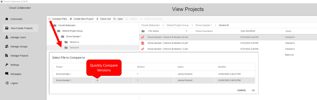 Compare version in Cloud Collaborator for E3.series