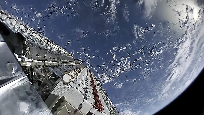 60 Starlink test satellites stacked atop a Falcon 9 rocket and about to be put into orbit