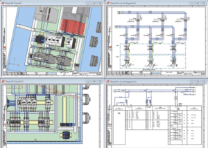 Screenshot of Zuken’s E3.series COM interface showing four distinct views.