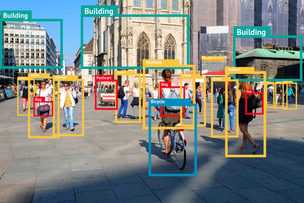 Machine Learning object detection and artificial intelligence concept. People in a crowded city square with boxes superimposed over the image defining what is there: building, human, bag, bicycle, etc.