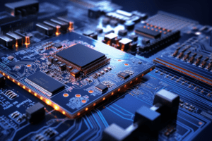 Close-up view of a high-performance printed circuit board (PCB) with intricate traces, microchips, and illuminated components, representing advanced electronic design for space-grade communication systems.