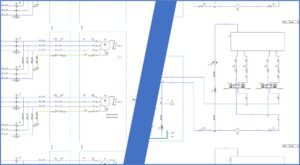 E3.series multidiscipline schematic diagram - A screenshot from E3.series showing an electrical schematic on the left and a hydraulic/pneumatic schematic on the right.