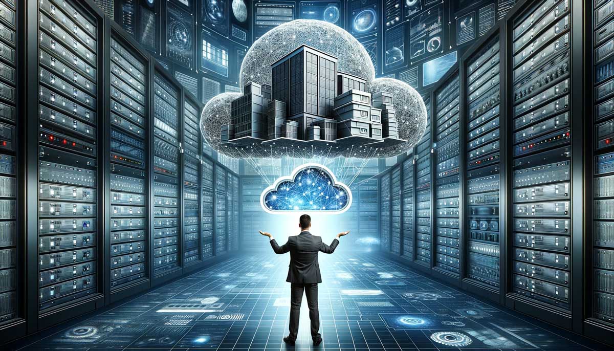 A person standing in a data center room with a cloud and a building made of a data center.