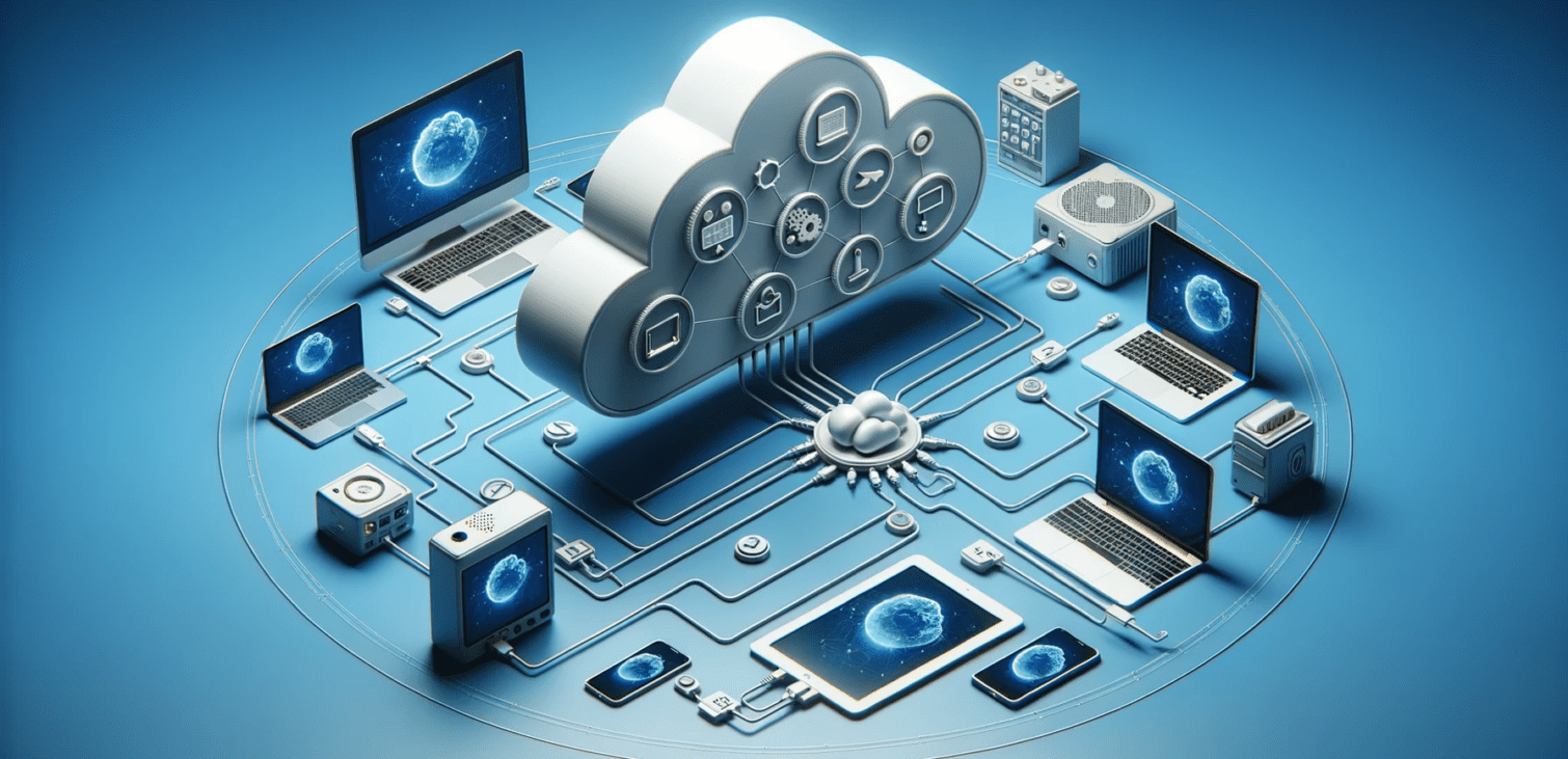 Realistic render of a cloud connected to various devices on a blue background.