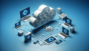 Realistic render of a cloud connected to various devices on a blue background.