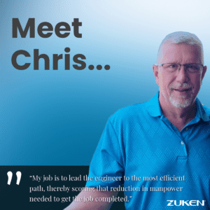 Smiling man with facial hair in a blue golf shirt. Headline reads: Meet Chris.