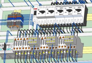 A close-up screen capture of a 3D control panel model in E3.series.