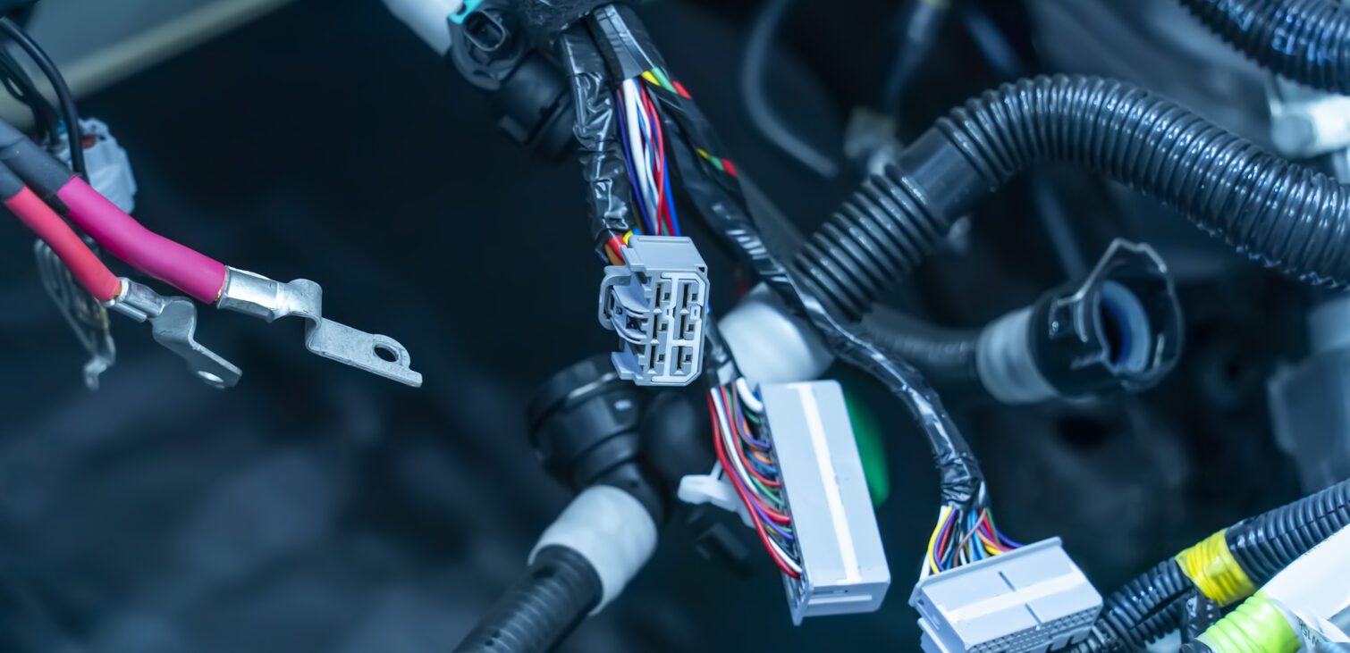 Large wide cable with wires and connectors and terminals in the wiring repair shop and electricians for connecting