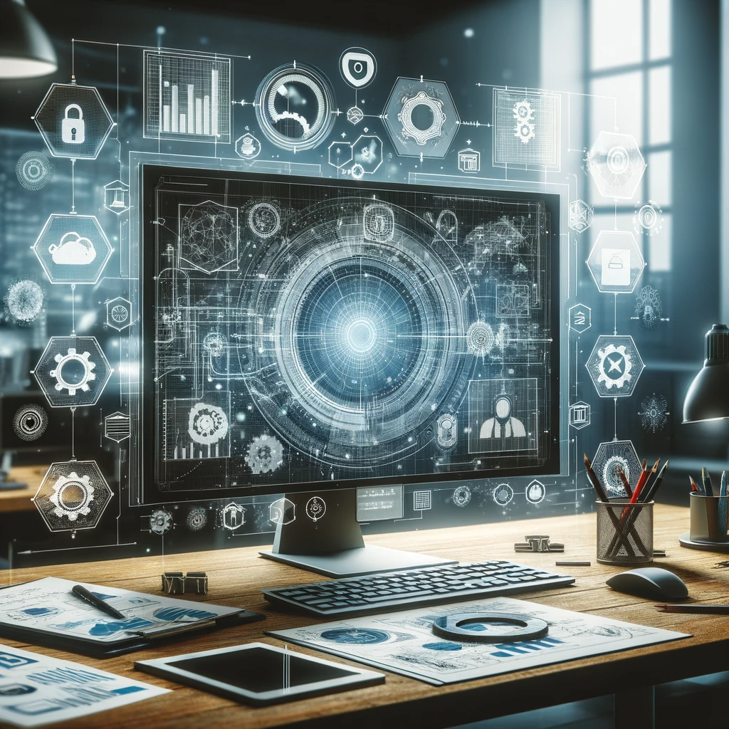 The importance of engineering data management - a computer sitting on a desk with engineering symbols coming out of it surrounded by a tablet, paper and pens.