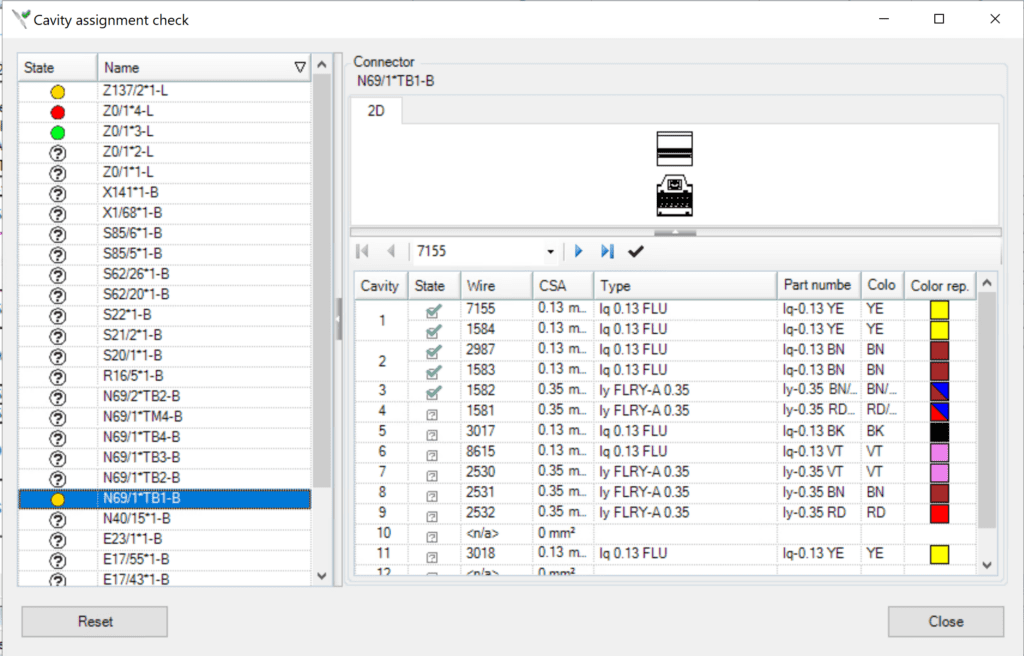 A screenshot of the Cavity Assignment Check tool showing a connector’s cavity information and verified states. 