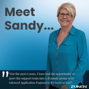 Smiling woman in blue blouse. Headline reads: Meet Sandy.