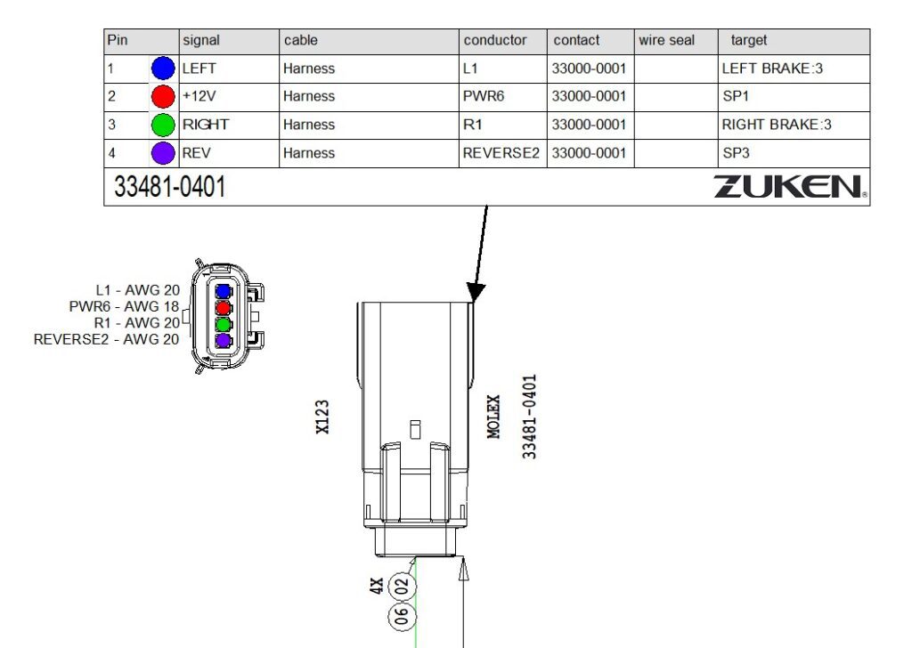 A screenshot from an E3.series drawing showing the wire colors on the connector table and insertion view symbols. 