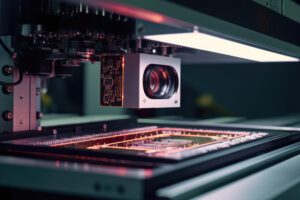 Close-up of a machine vision camera examining the quality of tiny electrical parts on a conveyor belt.