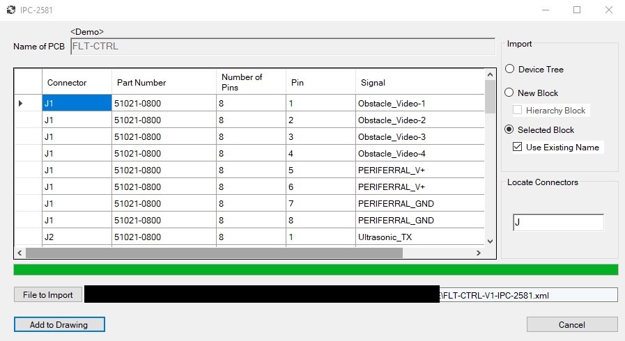 A screenshot of the IPC-2581 Importer dialog populated with PCB I/O connector information. 