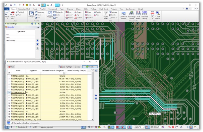 Screenshot of Crosstalk Estimations in CR-8000 Design Force. 