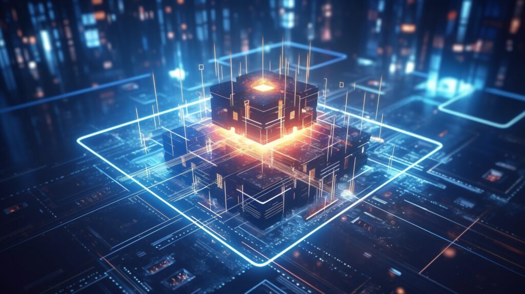 Glowing 3d cpu representation of optical computing. 