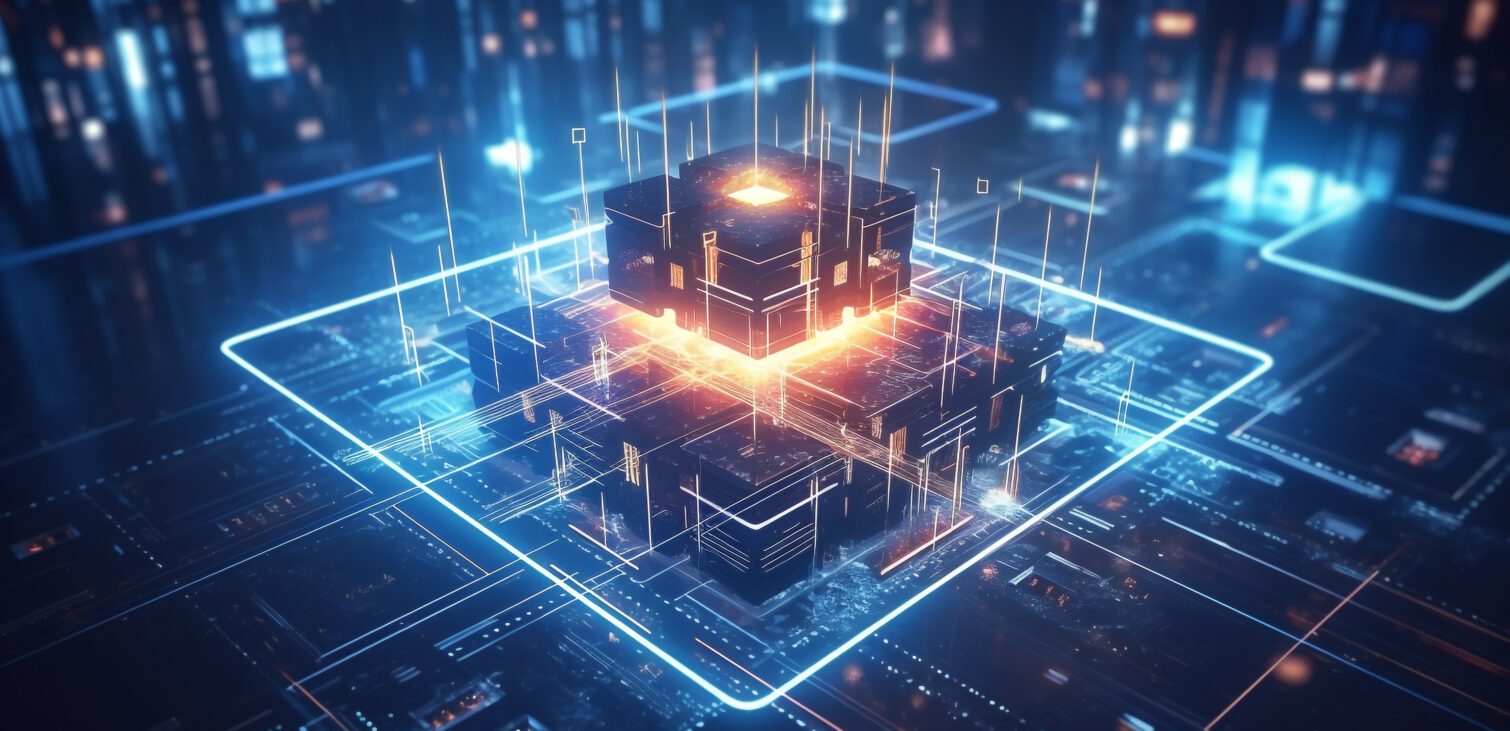 Glowing 3d cpu representation of optical computing.