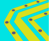 Circuit board showing RF PCB routing with a mitered corner.