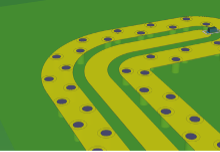 Circuit board showing RF PCB routing using a curved bend.