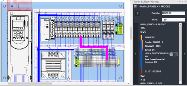 A screenshot of the Wiring Task Manager user interface and highlighted wire from the panel design.