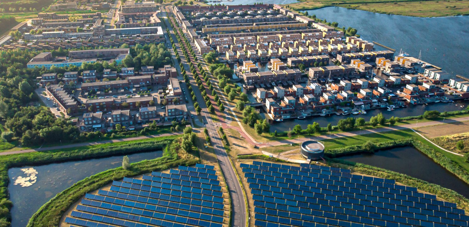 Aerial shot of a modern sustainable neighborhood in Almere, The